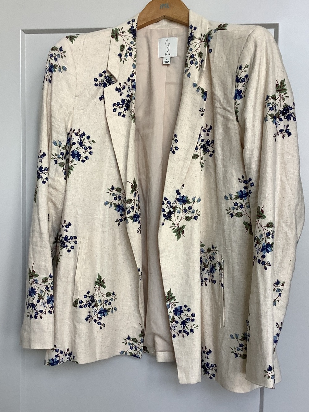 Jolie Cream Floral Linen-Blend Blazer with Blue & Green Print